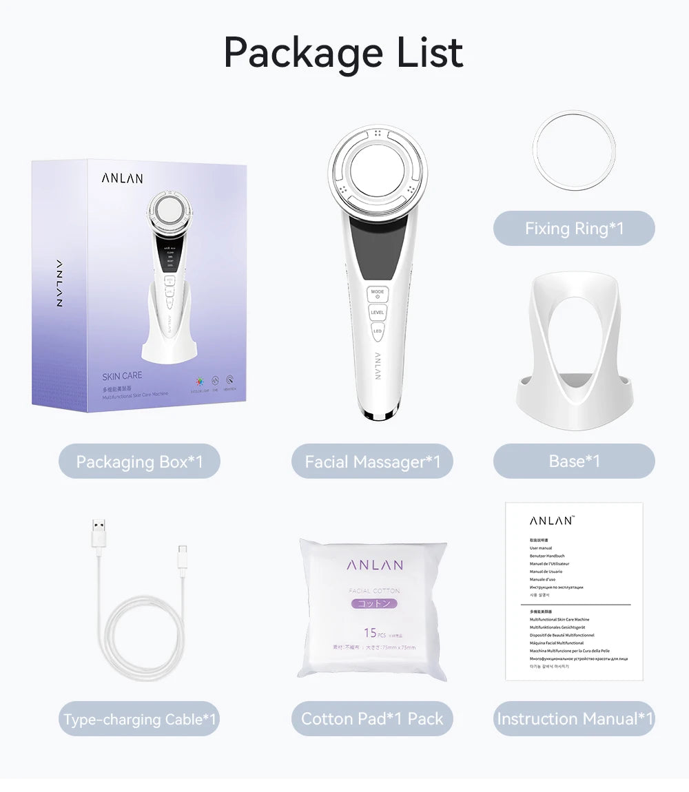 ANLAN EMS facial massager kit, white skin rejuvenation device with charging base, cable, cotton pads, and manual.