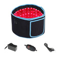 Black and blue red-light therapy belt with interior LED bulbs, shown with power adapter, controller, and cables.