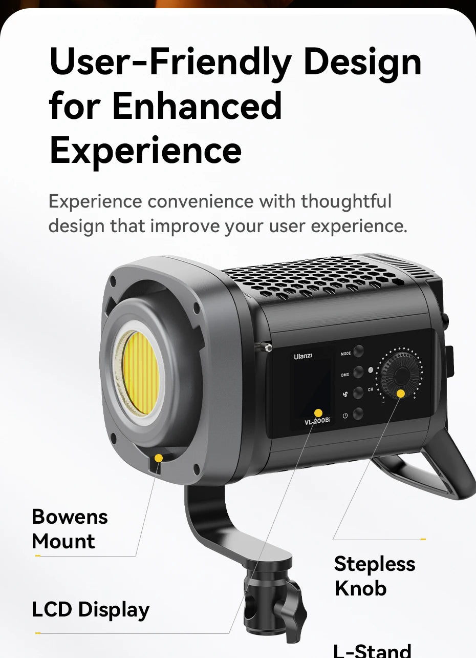 Black VL-200Bi LED video light with Bowens mount, LCD screen, adjustment knob, and L-stand for studio photography.