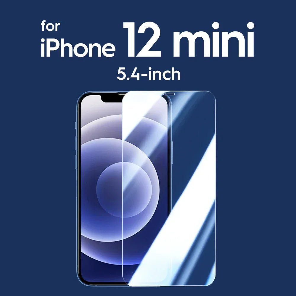 Clear tempered glass screen protector for iPhone 12 mini 5.4-inch, featuring a cutout for the front camera.