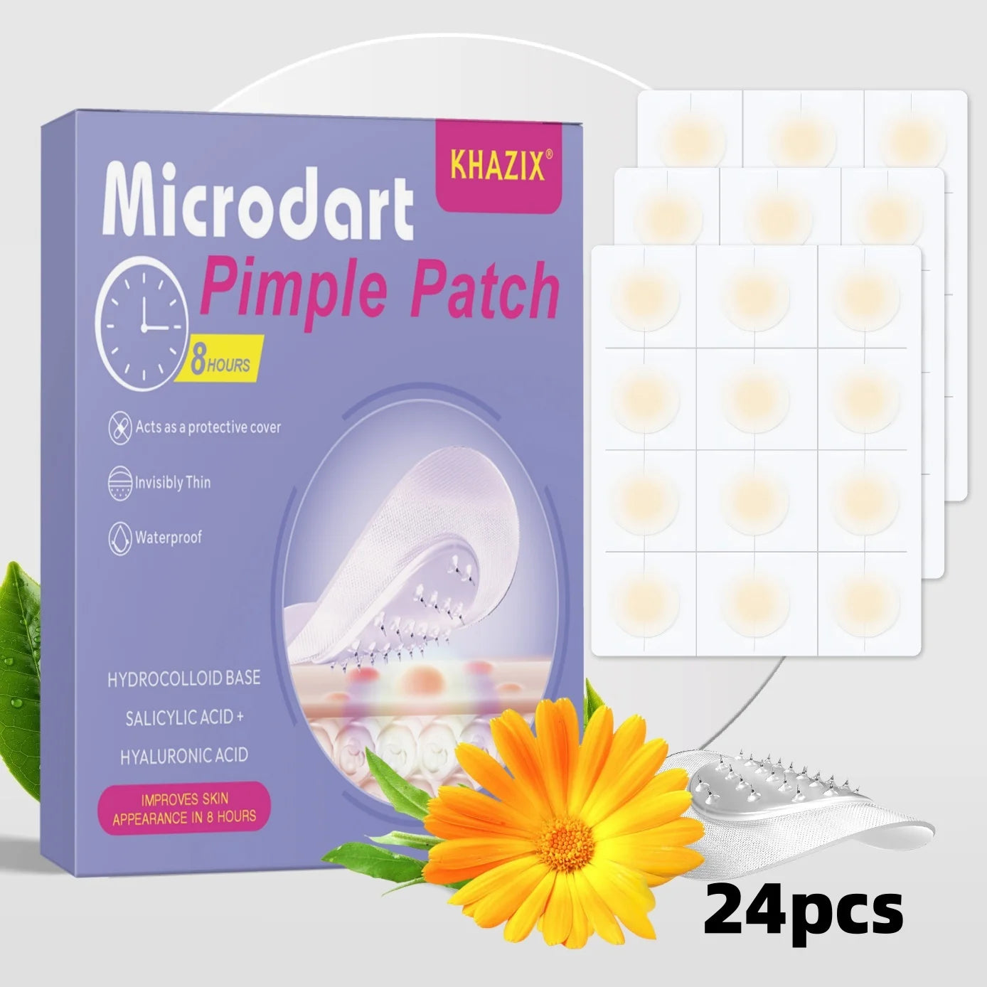 Microneedle acne patch, used to cover blemishes and conceal acne. The microneedles are shorter than 3 millimeters.
