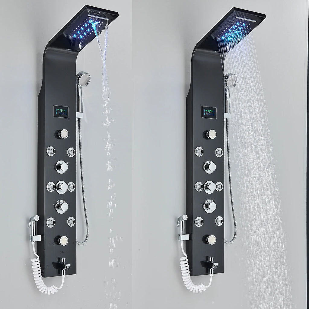 Black Nickel LED Shower Panel Six Functions Shower Column Rain Waterfall Shower Massage Spa Jets Tub Shower With Bidet Bath Taps