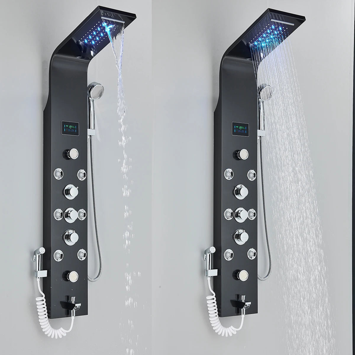 Black Nickel LED Shower Panel Six Functions Shower Column Rain Waterfall Shower Massage Spa Jets Tub Shower With Bidet Bath Taps