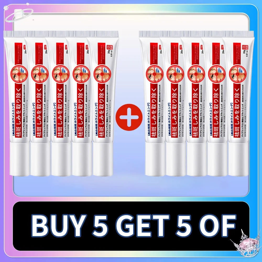 Ten white squeeze tubes of facial spot-correcting cream, labeled in Japanese, arranged in two sets of five.
