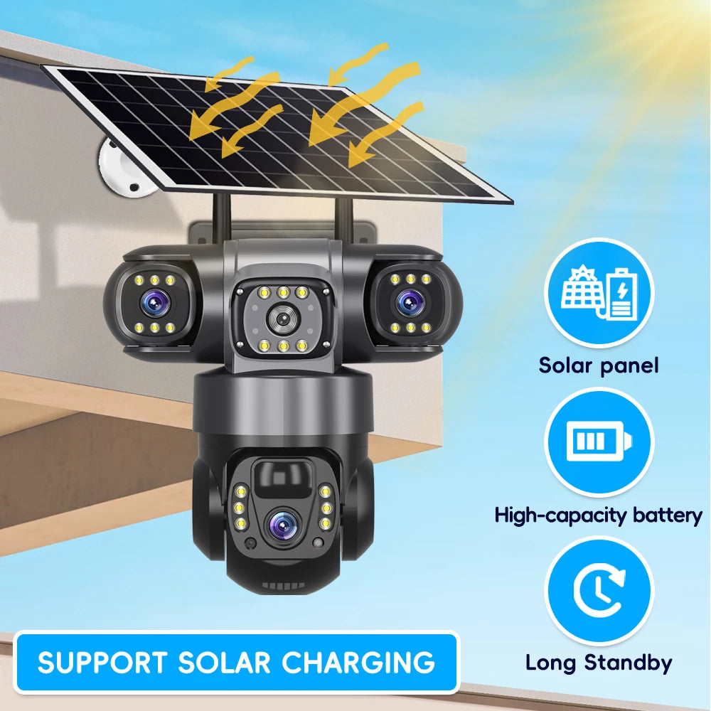 V380 Solar 4G IP Camera Outdoor 12MP 6K Triple Lenses Triple Screens Security Video Monitor Night Vision Waterproof CCTV Cameras