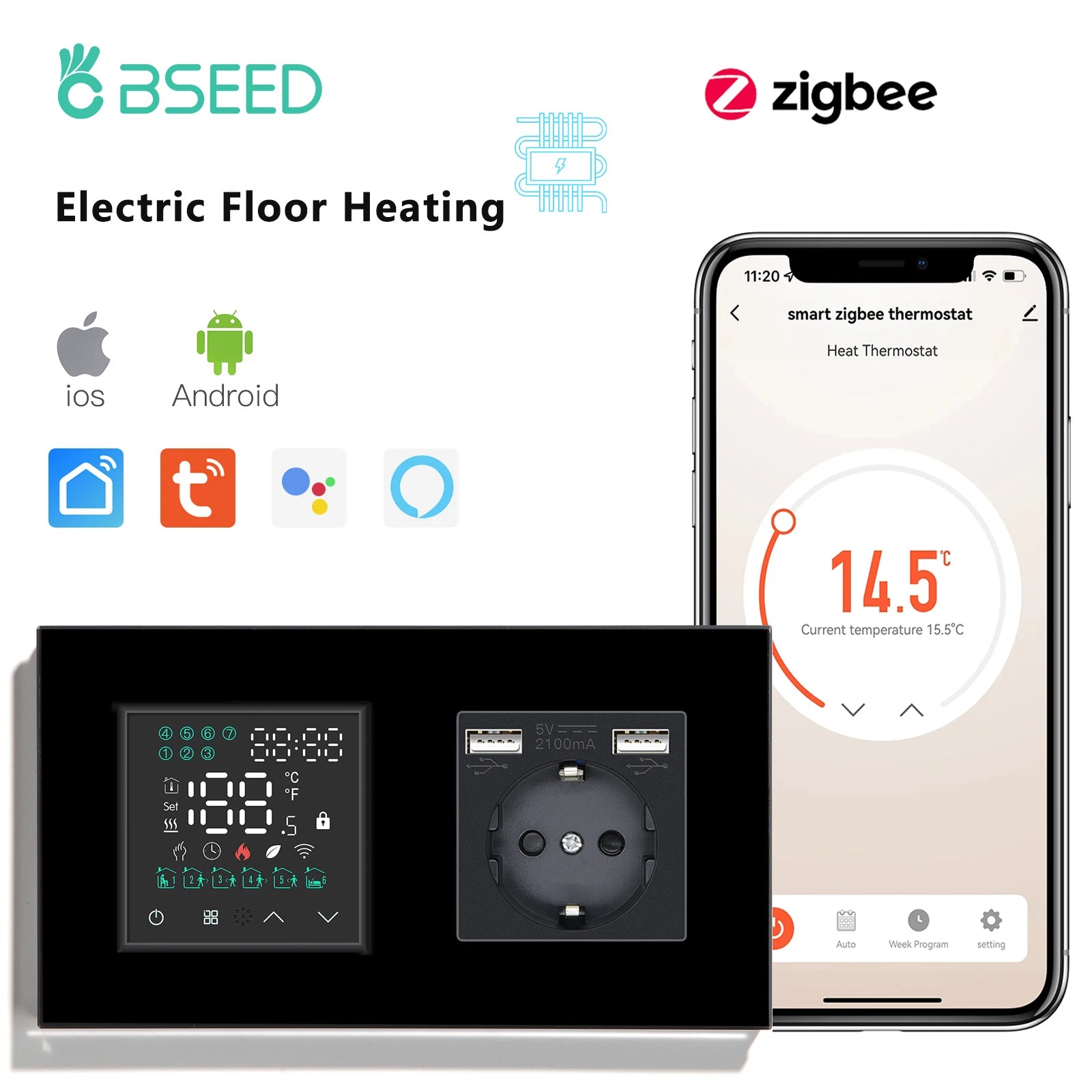 White electric floor heating Zigbee thermostat with touch screen and smartphone temperature readout
