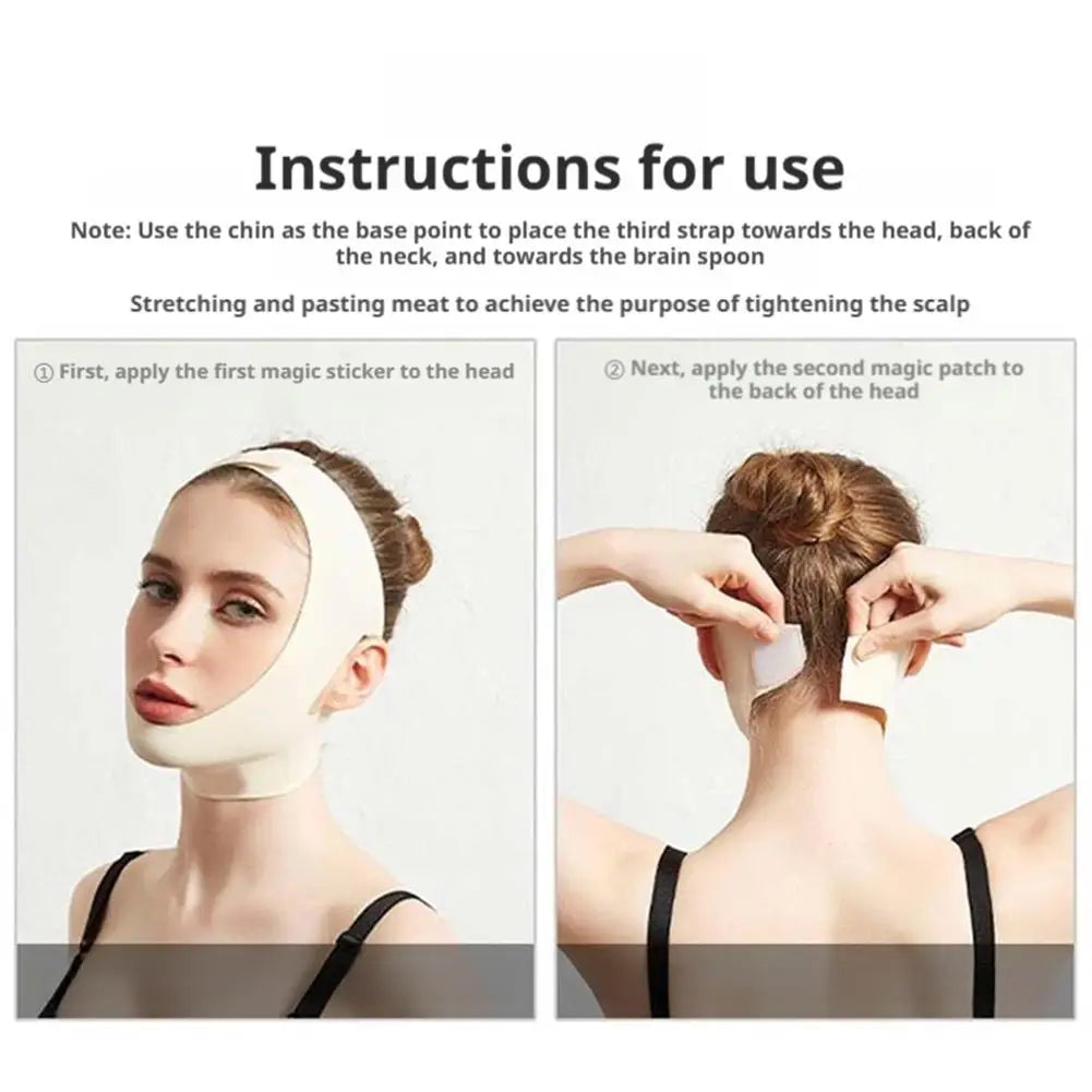 A woman demonstrates how to apply a beige, adjustable V-face slimming strap with hook-and-loop closures.