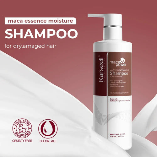 Karseell 500ml Maca Essence Moisture Shampoo for dry and damaged hair in sustainable alternative to plastic-free bars.