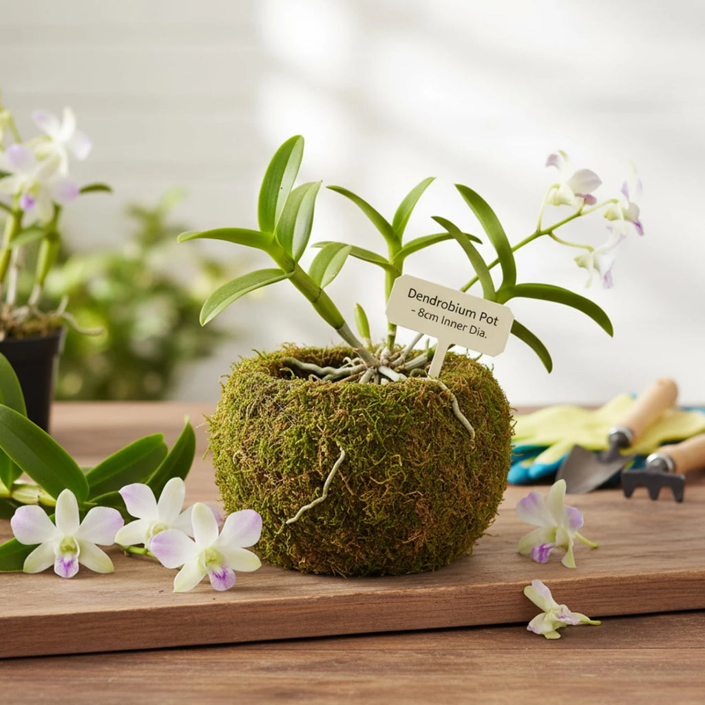 Handmade green moss ball planter with faux orchid and long leaves, round container.