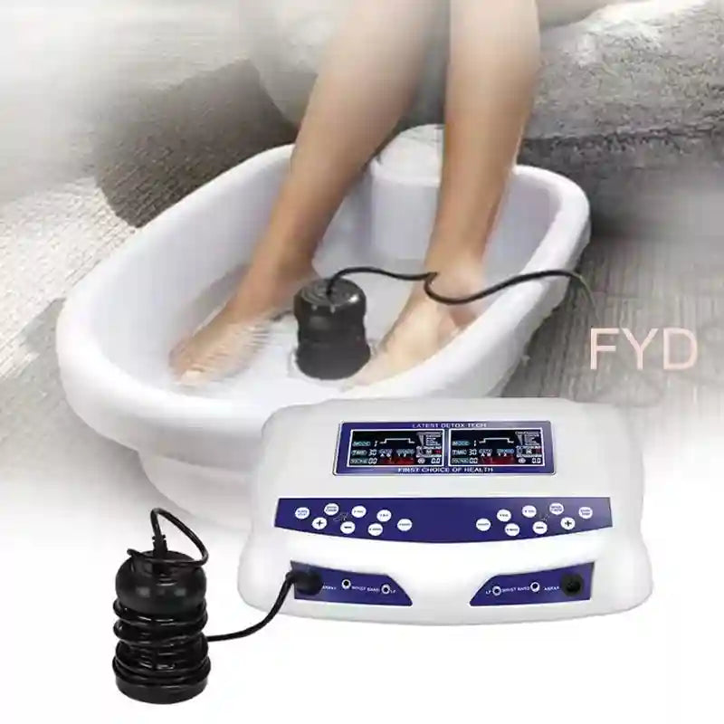 Dual ionic foot detox spa machine with white basin, digital control unit, and black ion array for home use.