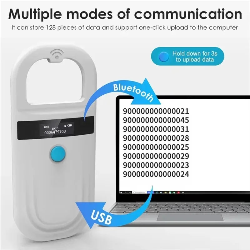 Handheld white pet microchip scanner with OLED display, Bluetooth, and USB for easy dog and cat ID data transfer.