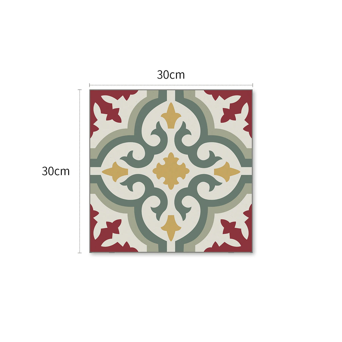 Square vinyl tile sample, green scrollwork with red corner flowers on gray, 30cm