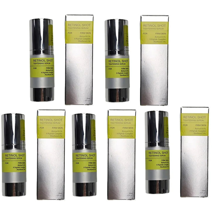 Assorted Retinol Shot firm skin serum bottles and cartons arranged in a bundle