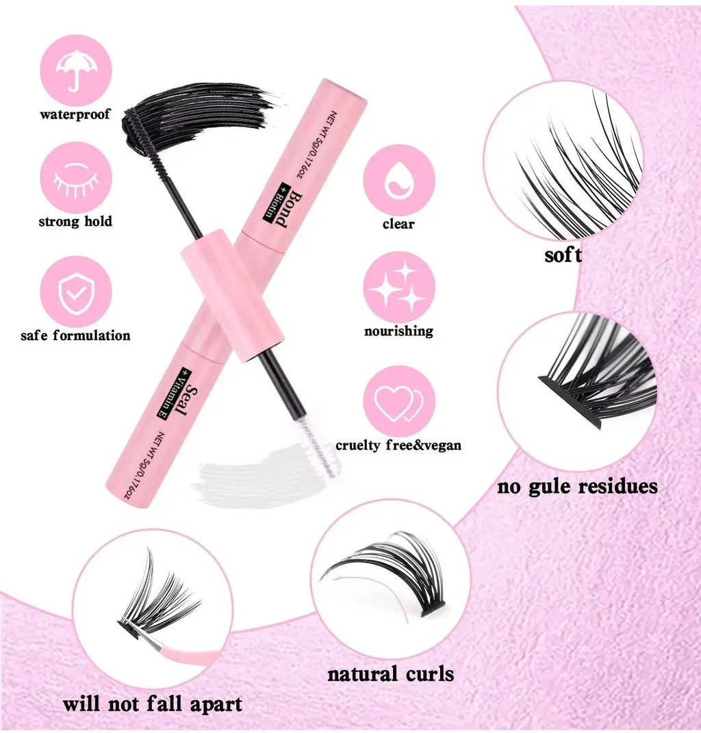 DIY lash kit with pink Bond and Seal tubes, black lash clusters, and icons highlighting waterproof, vegan features.