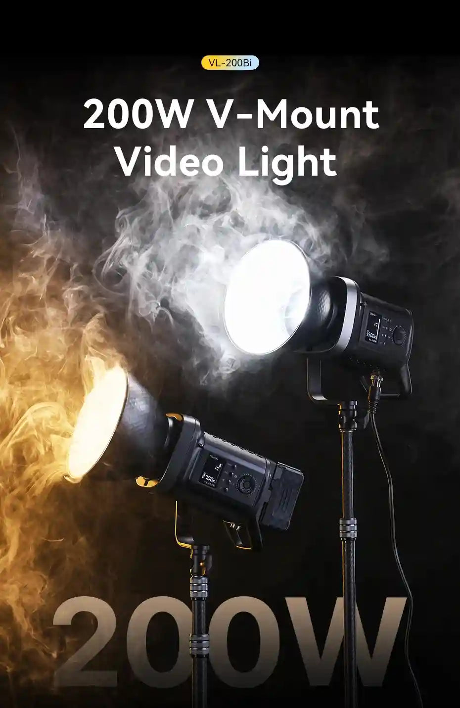 Two black 200W V-mount LED studio lights on stands, one emitting warm yellow light and the other cool white light.