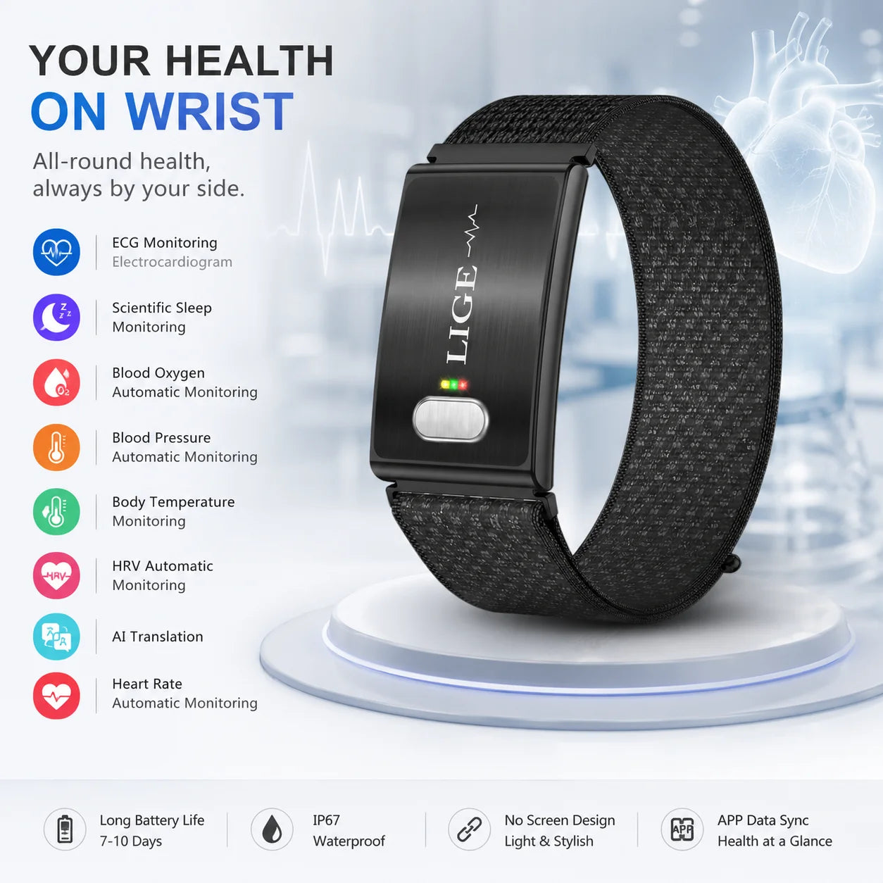 LIGE New ECG+PPG Smart Bracelet Heart Rate Health Monitoring Thermometer HPV Test Reports Waterproof Sports Tracker Smart Watch