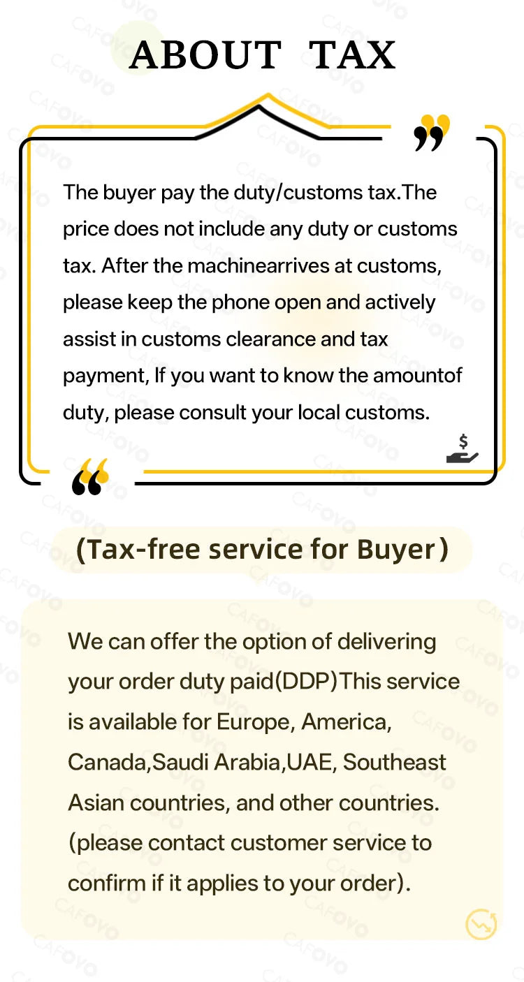 CAFOVO coffee maker shipping policy information regarding customs duties and tax-free delivery options.