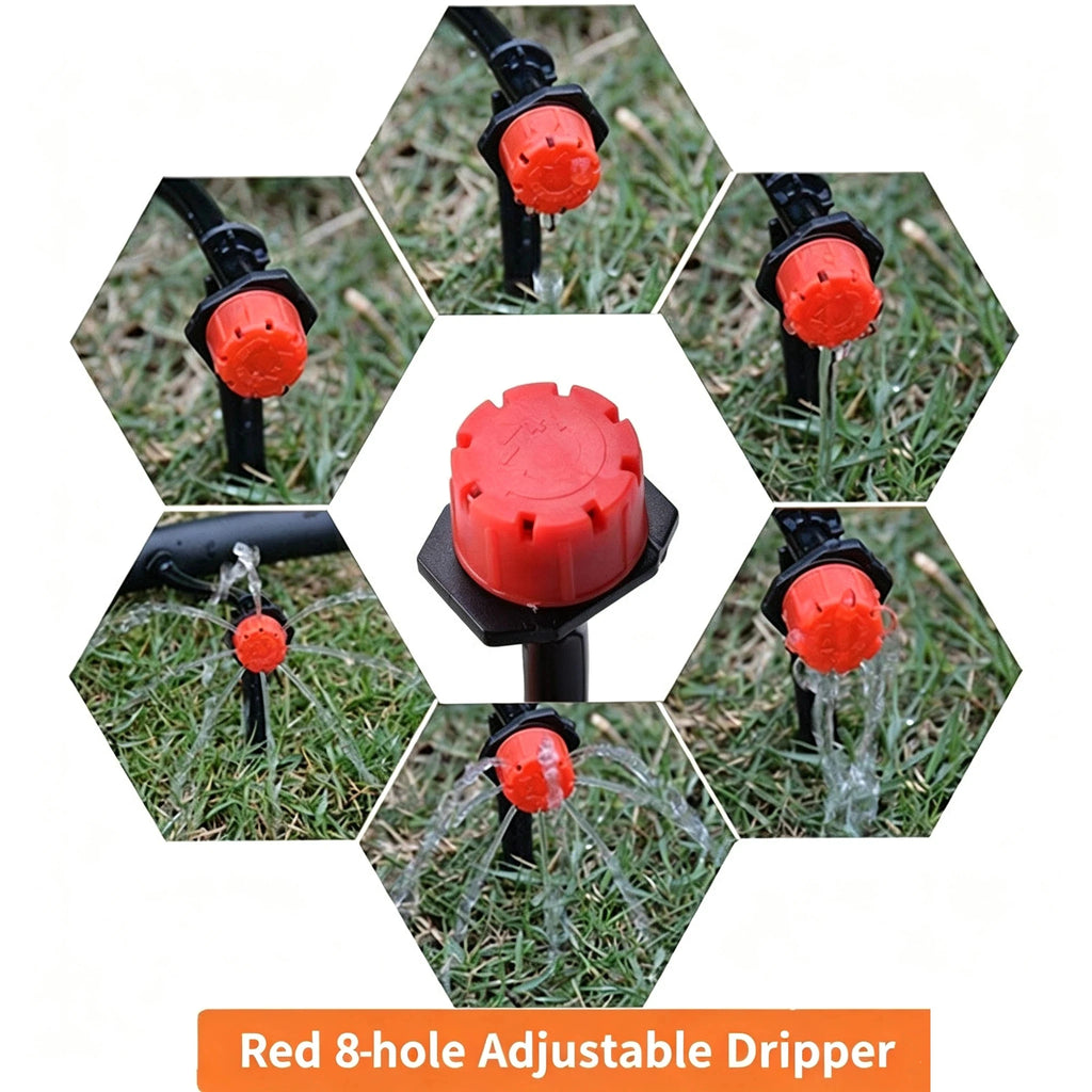 Red 8-hole adjustable drip sprinkler head on black stake for micro drip irrigation