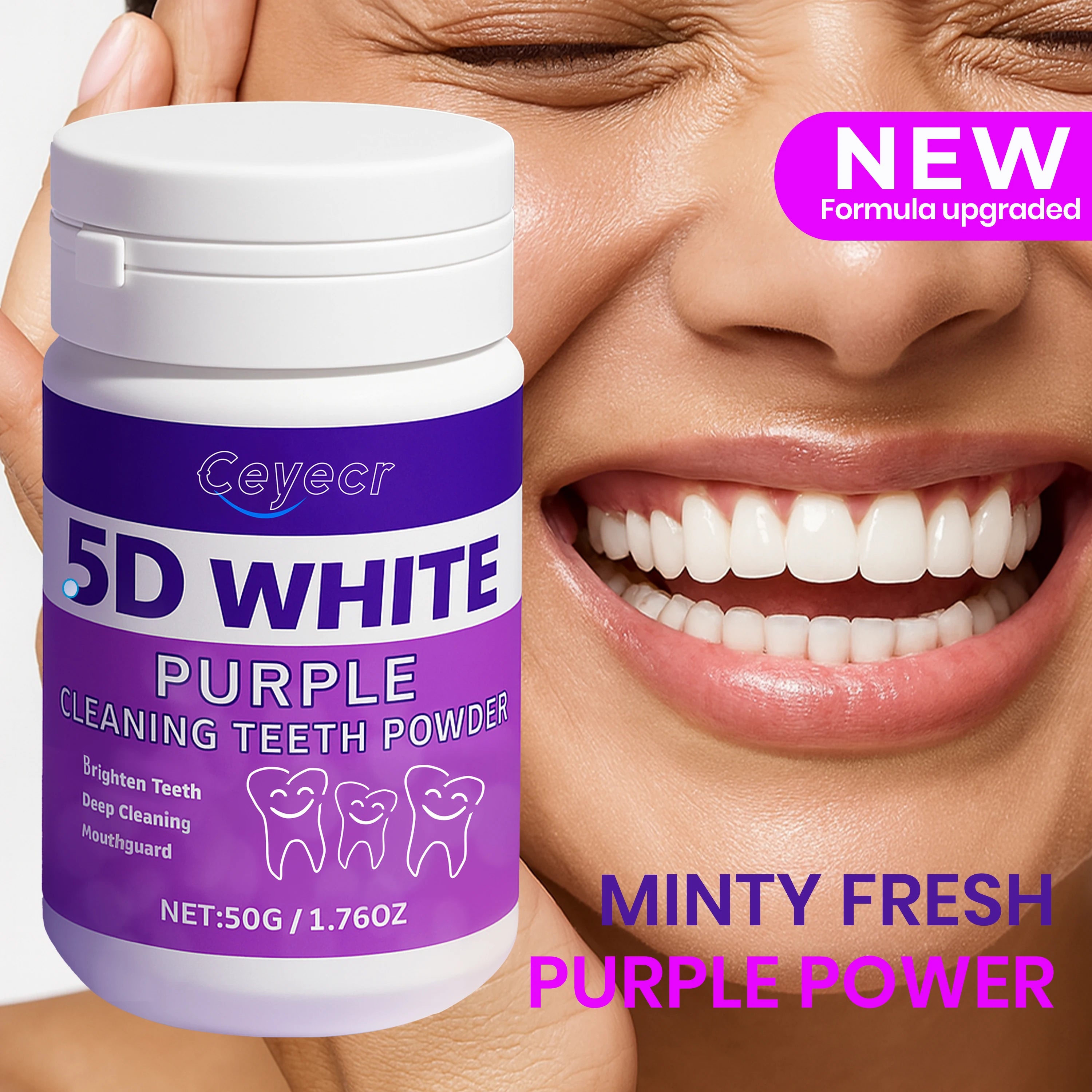 Tidesmit purple teeth whitening powder, natural ice mint formula for sensitive teeth and gums, 50g travel-size.