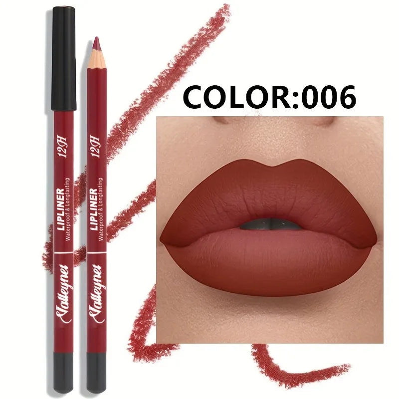 Velvet matte lip liner pencil in deep berry shade with long-lasting, waterproof finish on lips.
