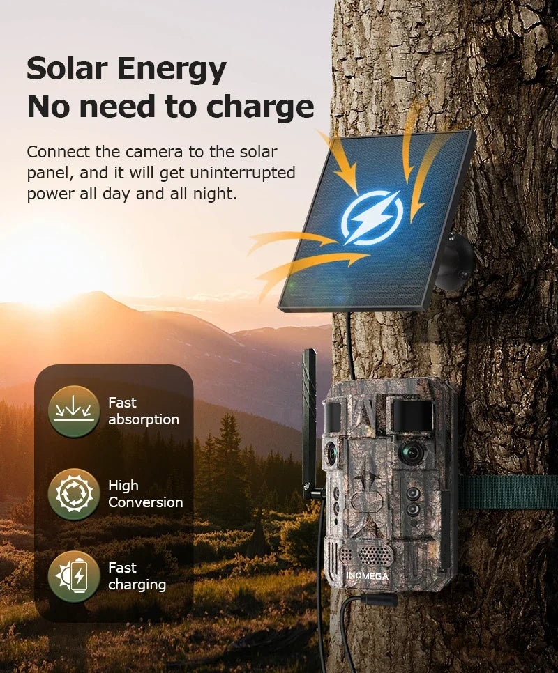 INQMEGA 24MP Dual Lens Solar 4G GPS Hunting Trail Camera AI PIR 180° Wide Angle Night Vision IP66 Outdoor Wildlife Camouflage