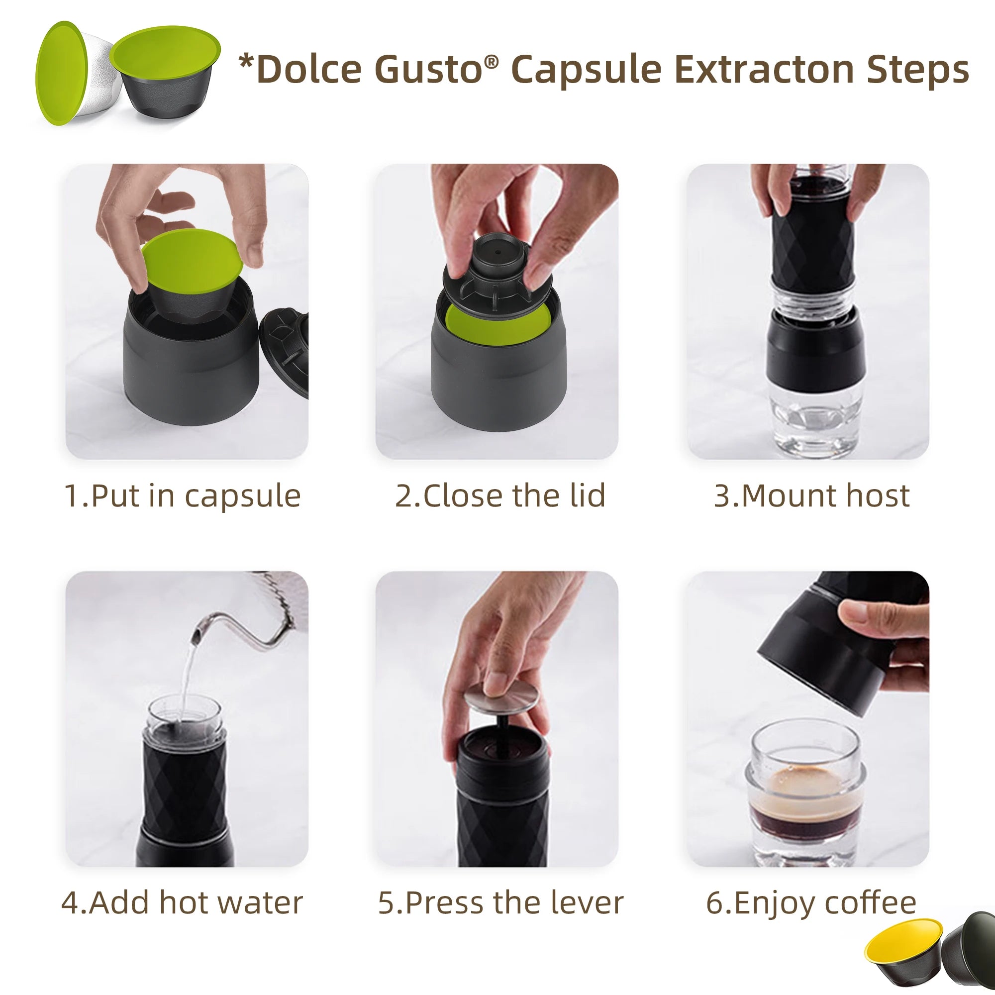 Portable manual coffee maker for Dolce Gusto capsules, featuring a compact black design and six-step usage guide.