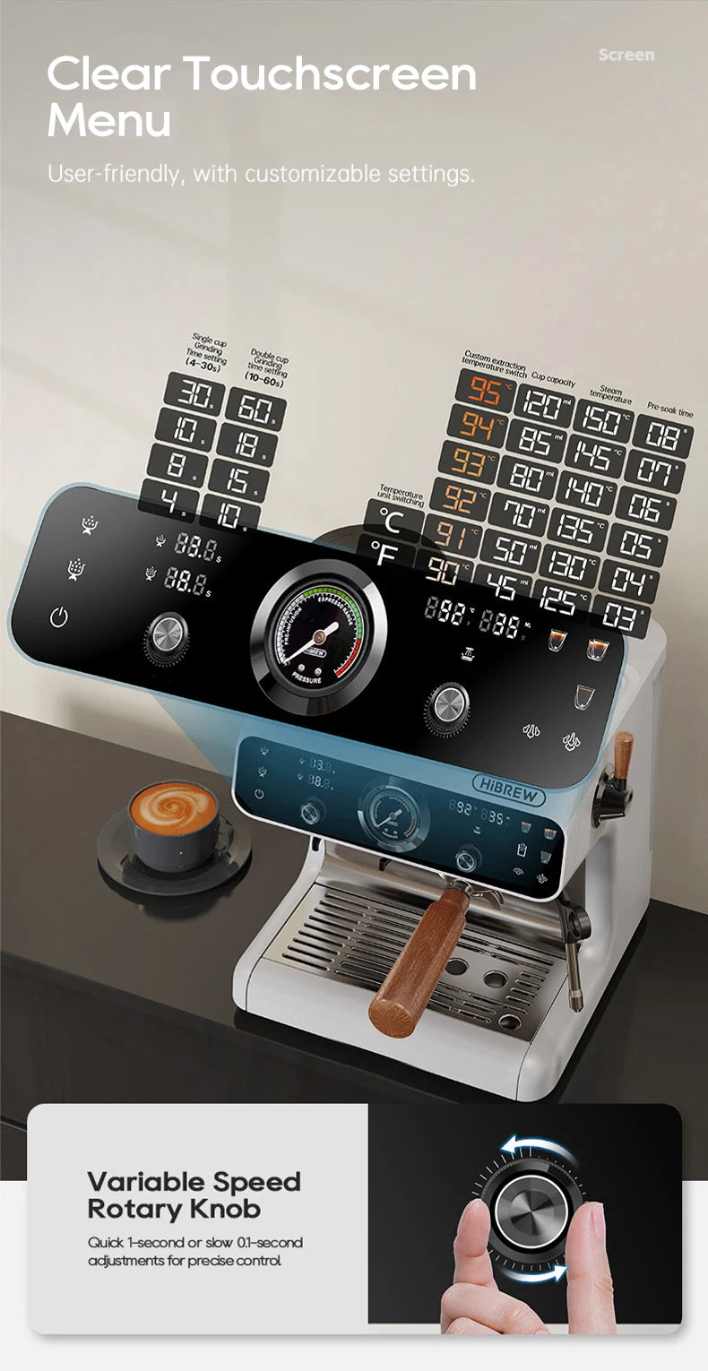 HiBREW espresso machine with touchscreen menu, pressure gauge, and wood-accented portafilter on a sleek white base.