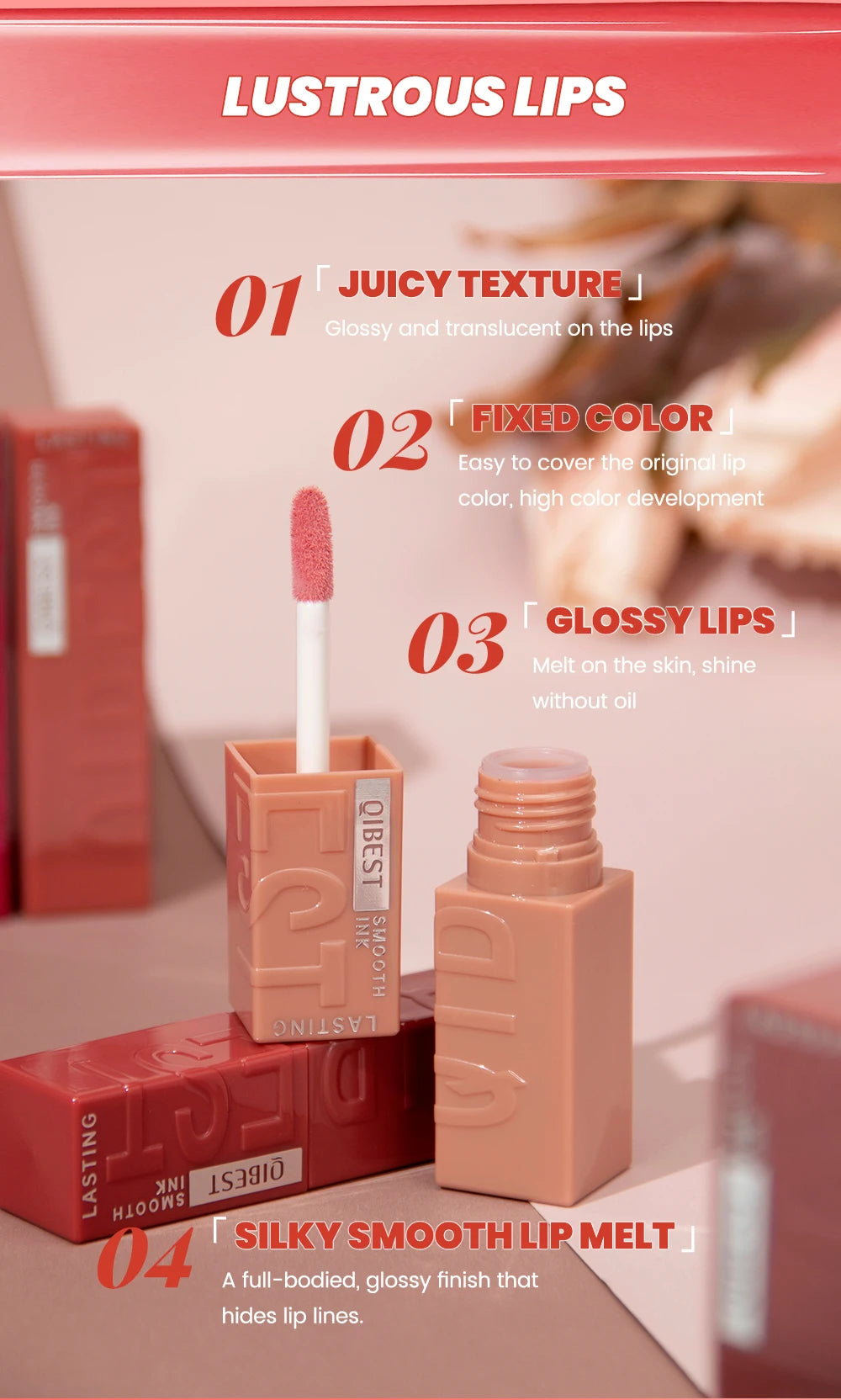 QIBEST watery lip glaze in square packaging with applicator, featuring a glossy, long-lasting, smooth finish.