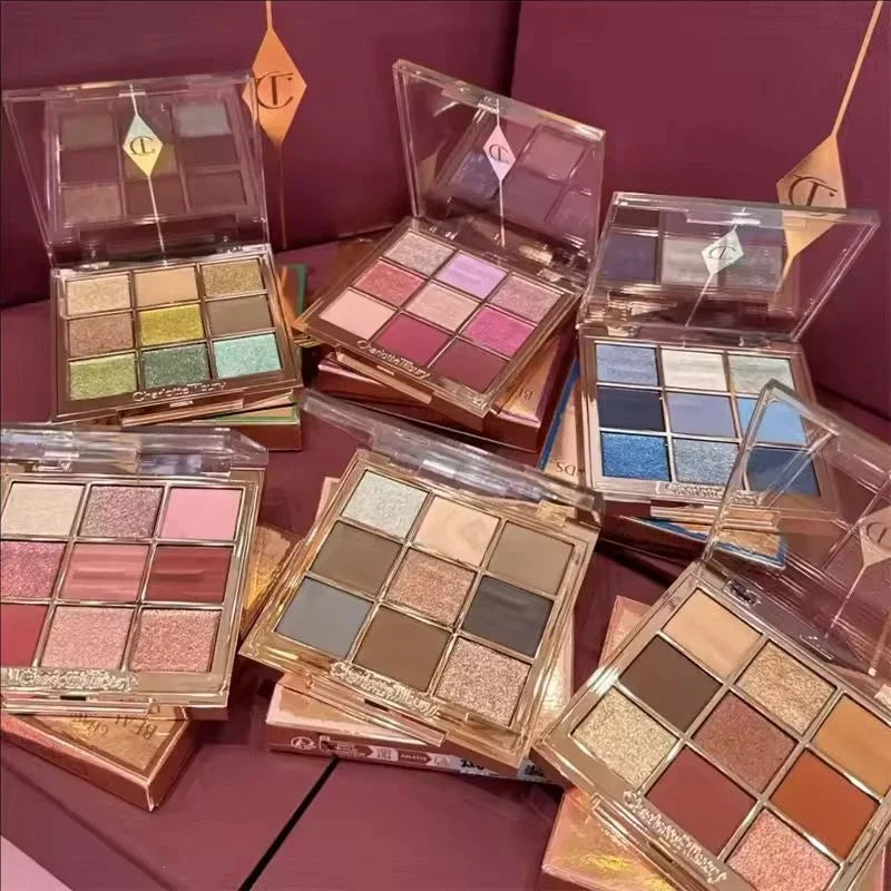 Tidesmit 9 color rose pink eyeshadow palette showing shimmer and matte powder texture detail view