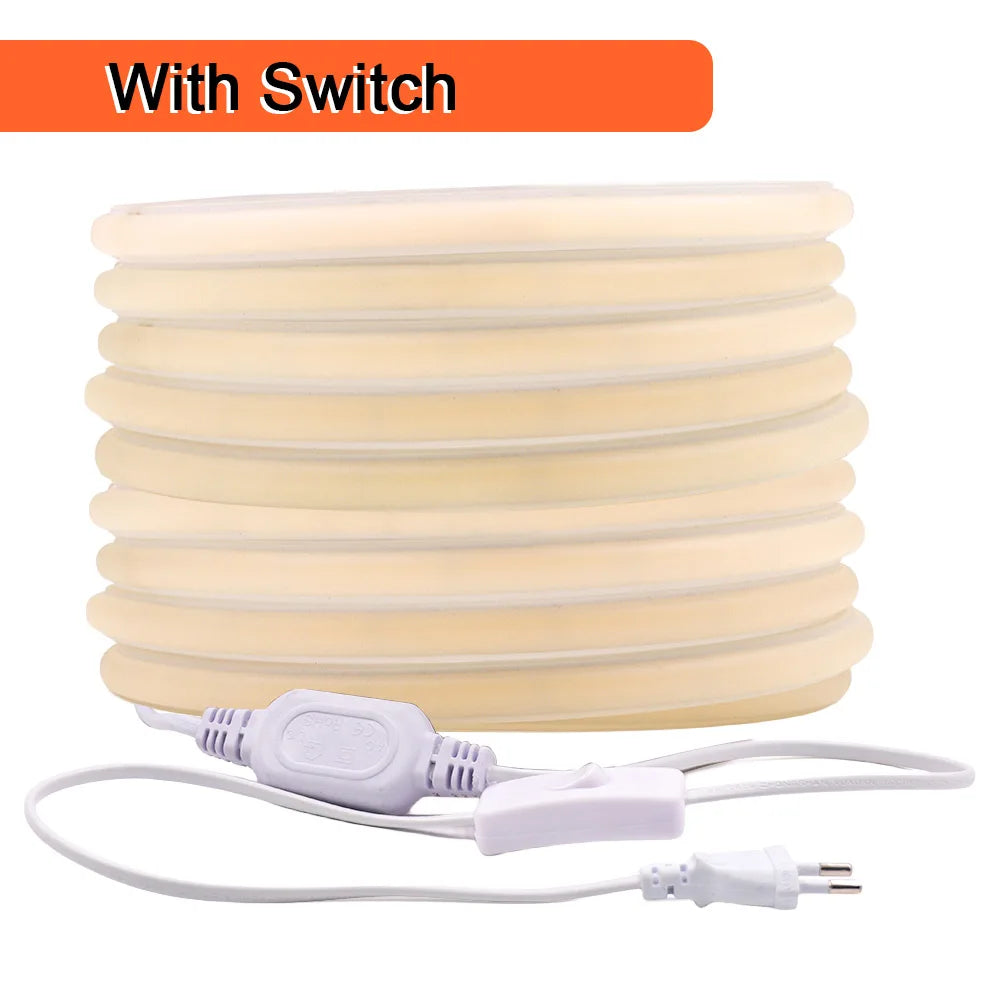 220V COB LED Neon Strip Light with Dimmer Switch Power Kit 288LED High Density Linear Lighting Waterproof Flexible Silicone Lamp