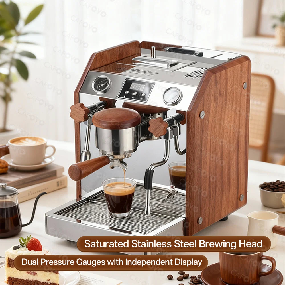 Cafovo espresso machine with stainless steel finish, wood paneling, dual pressure gauges, and digital display.