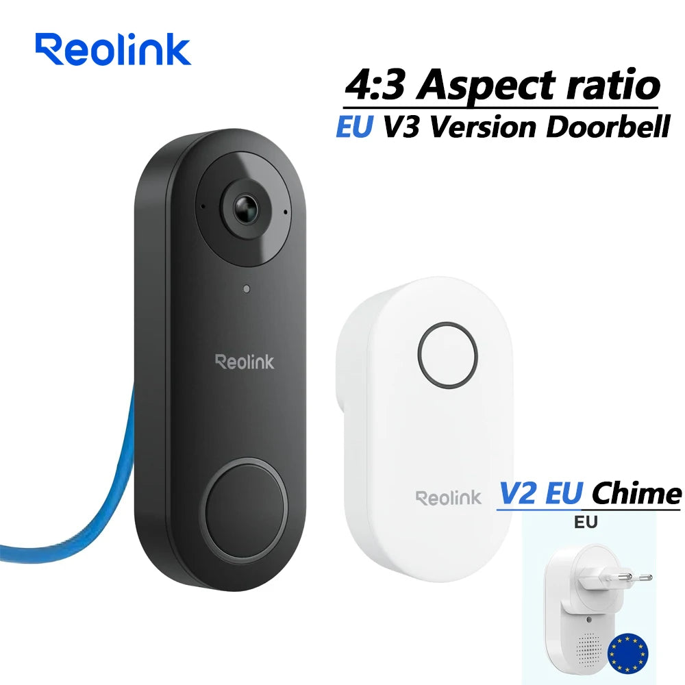 Black PoE video doorbell with EU V3 version and white V2 EU chime unit