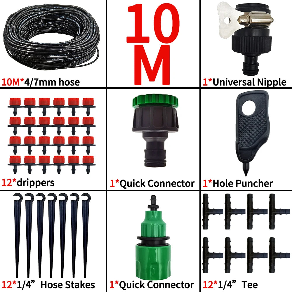 10m micro drip irrigation kit with 4/7mm hose, quick connector, universal nipple, stakes