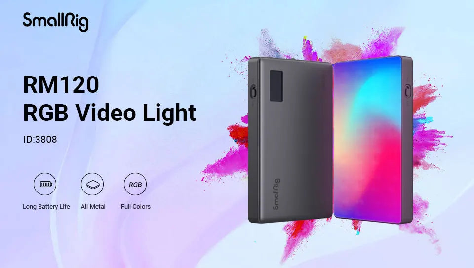 RM120 RGB video light: a thin, rectangular, all-metal panel with a vibrant LED screen for portable photography lighting.