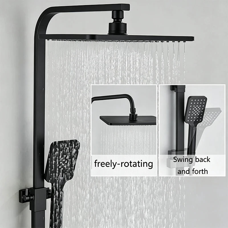 Thermostatic Rainfall Shower System, 360° Freely Rotating Top Shower Head with Swing Handheld Sprayer, Wall Mounted Constant Temperature Anti-Scald Shower Mixer Faucet Set for Modern Bathroom Renovation
