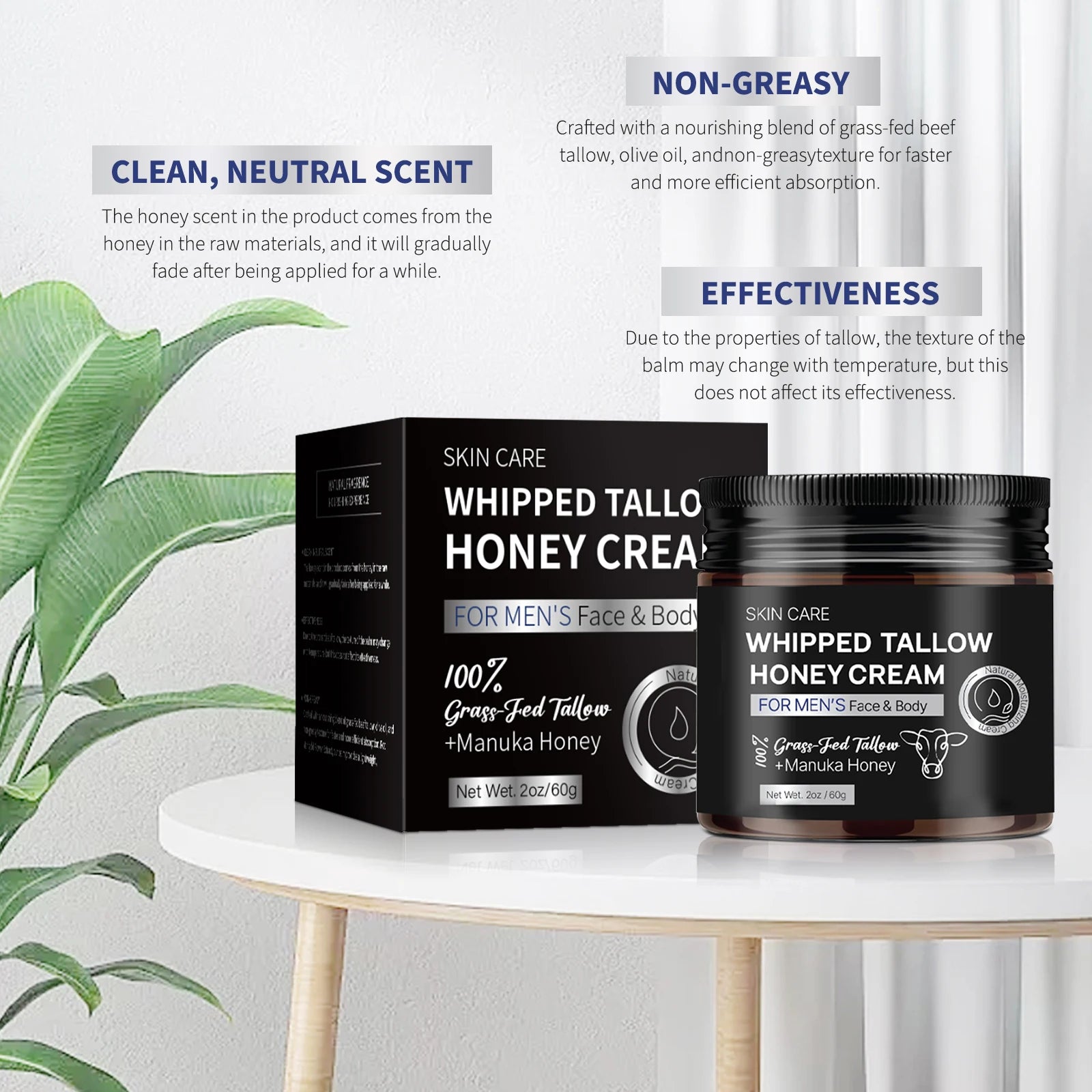 Men's Whipped Tallow Honey Cream 60g - Tallow & Manuka Honey, Non-Greasy Moisturizing Face & Body Balm for Dry Skin Care.