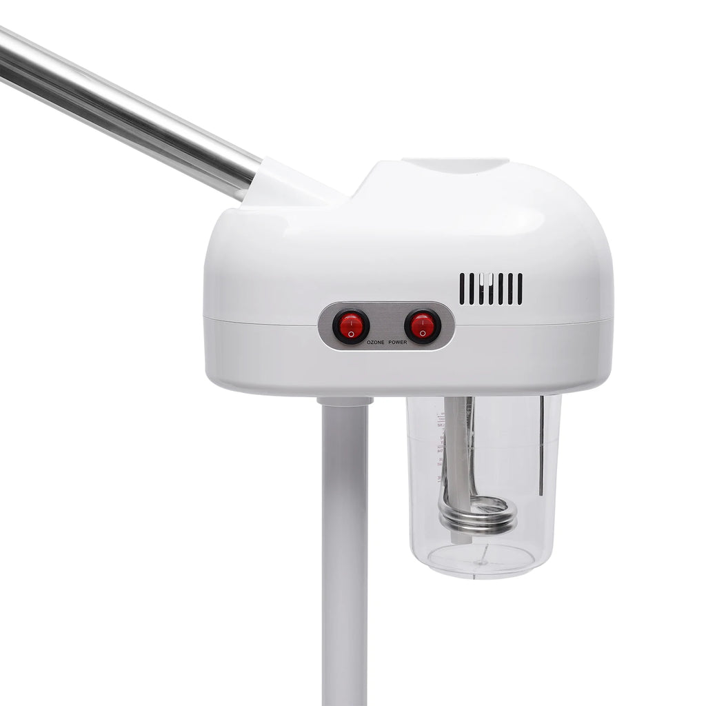Professional 750ml white facial steamer with adjustable spray arm, ozone function, and clear water tank for spa use.