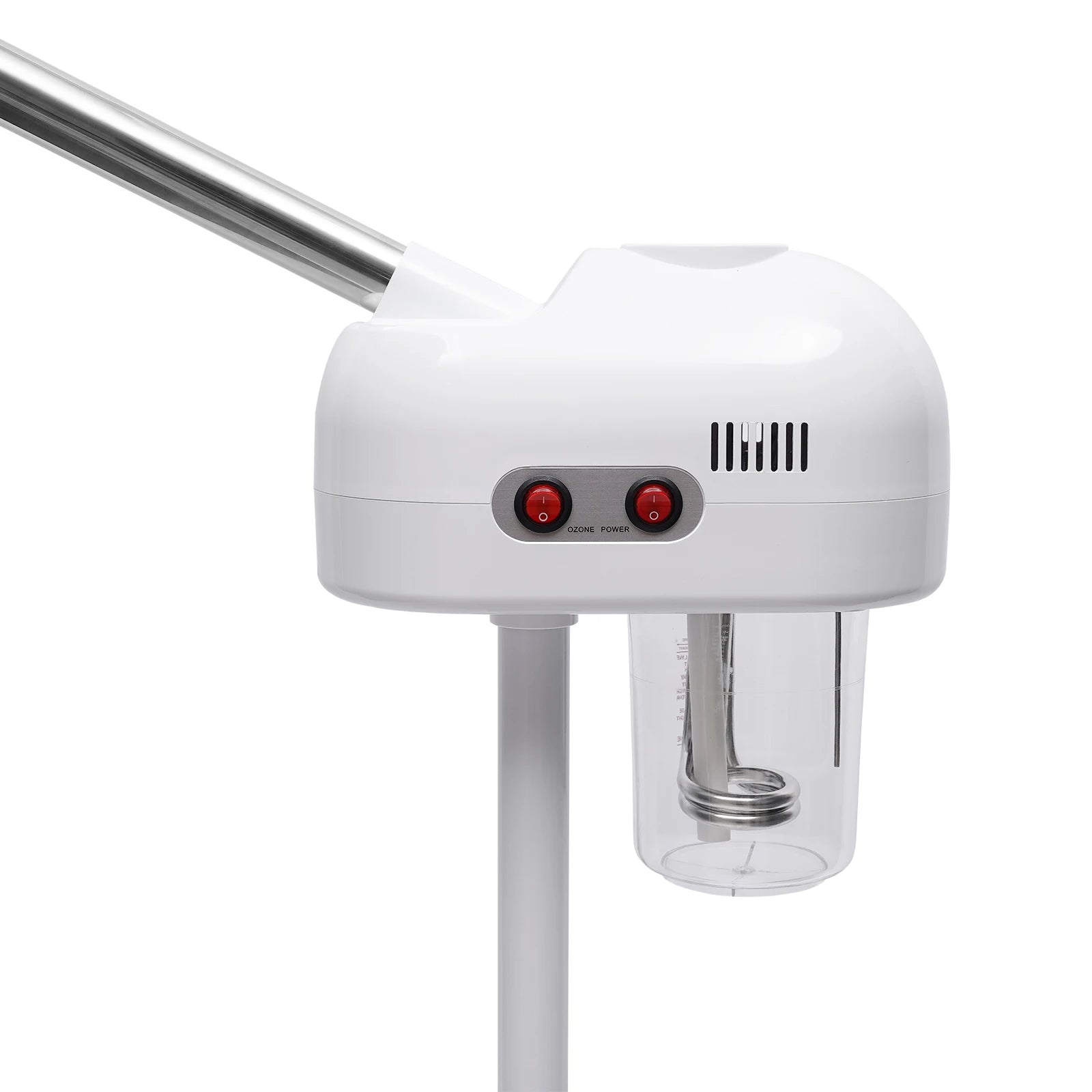 Professional 750ml white facial steamer with adjustable spray arm, ozone function, and clear water tank for spa use.
