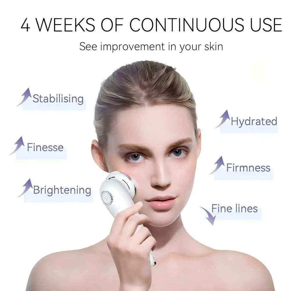 Woman using white ANLAN EMS facial massager for anti-aging, skin rejuvenation, firming, and brightening at home.