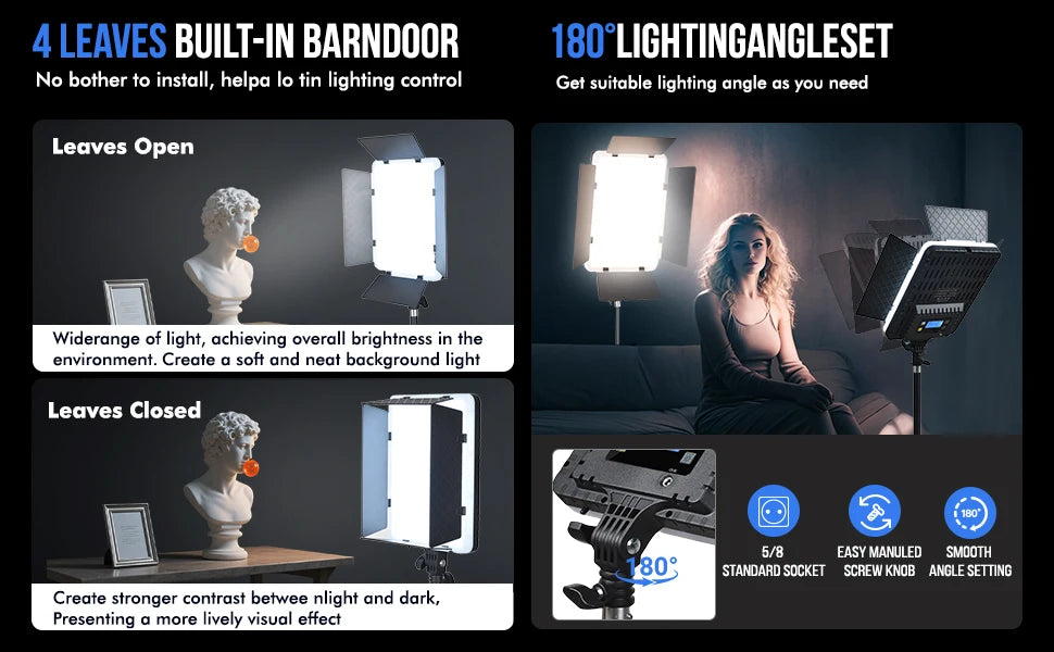 LED panel light with four adjustable black metal barndoors for directional lighting control and 180-degree tilt.