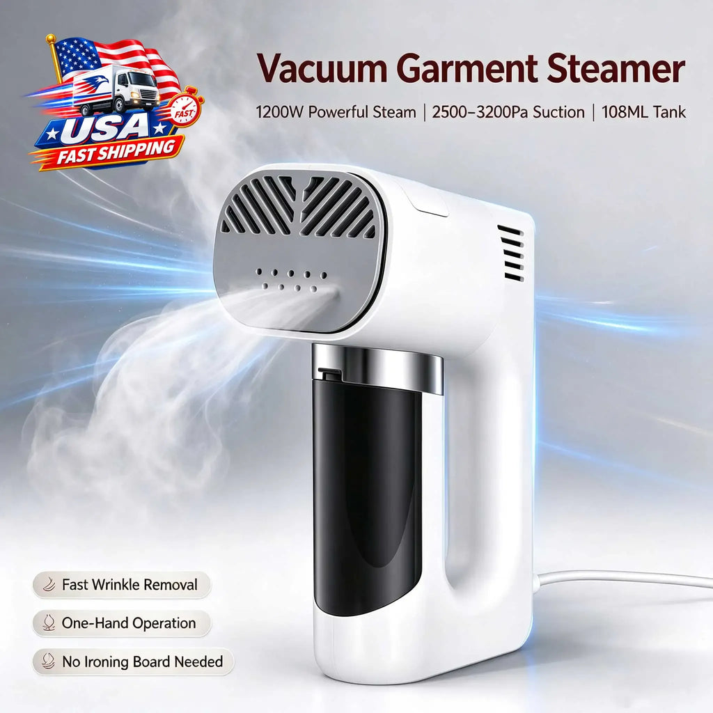 Vacuum garment steamer in white emitting powerful steam for fast, boardless wrinkle removal.