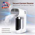 Vacuum garment steamer in white emitting powerful steam for fast, boardless wrinkle removal.