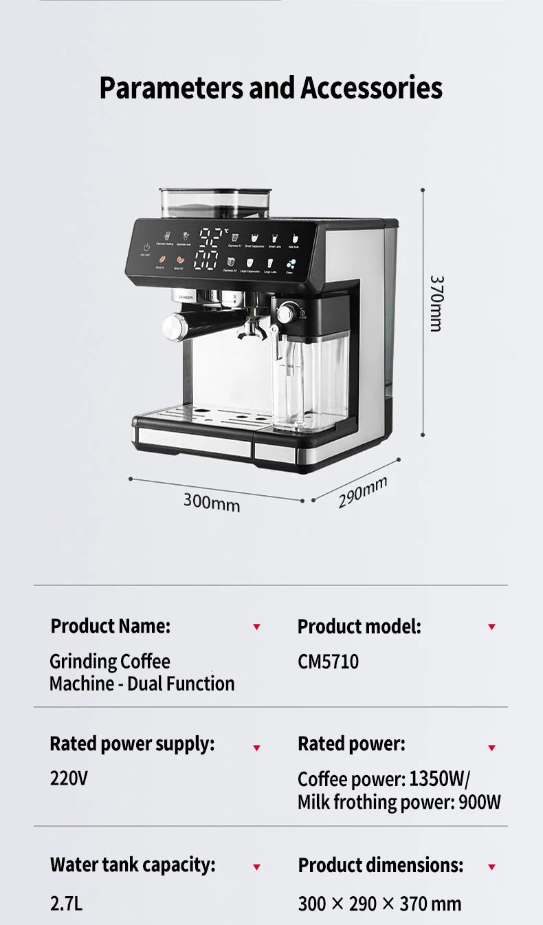 CM5710 dual-function black and silver espresso coffee machine with 2.7L tank and 1350W power, 300x290x370mm size.