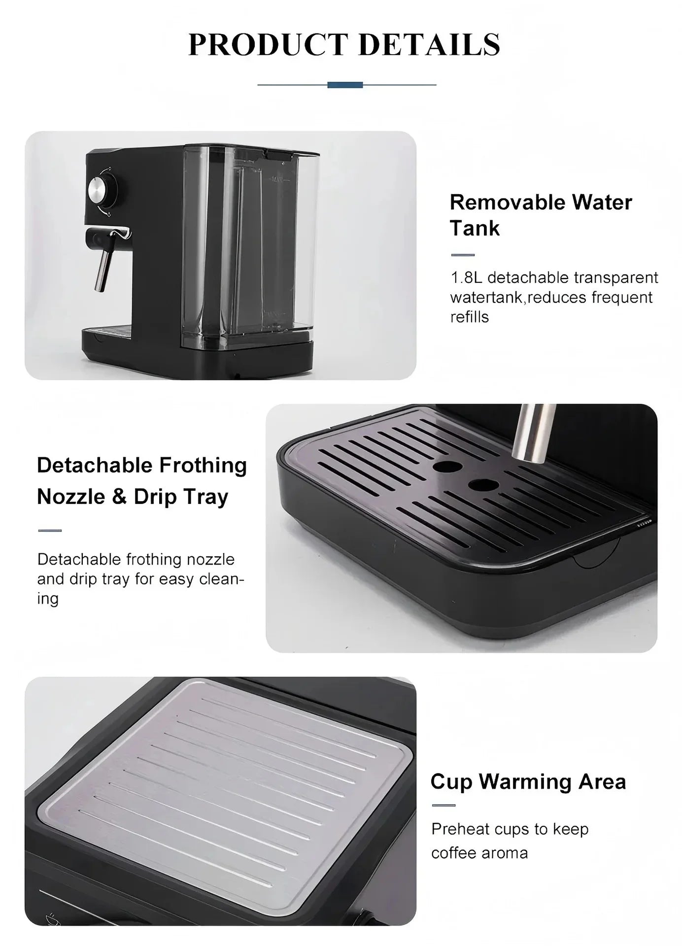 Black espresso machine with 1.8L water tank, frothing nozzle, drip tray, and cup warming area.