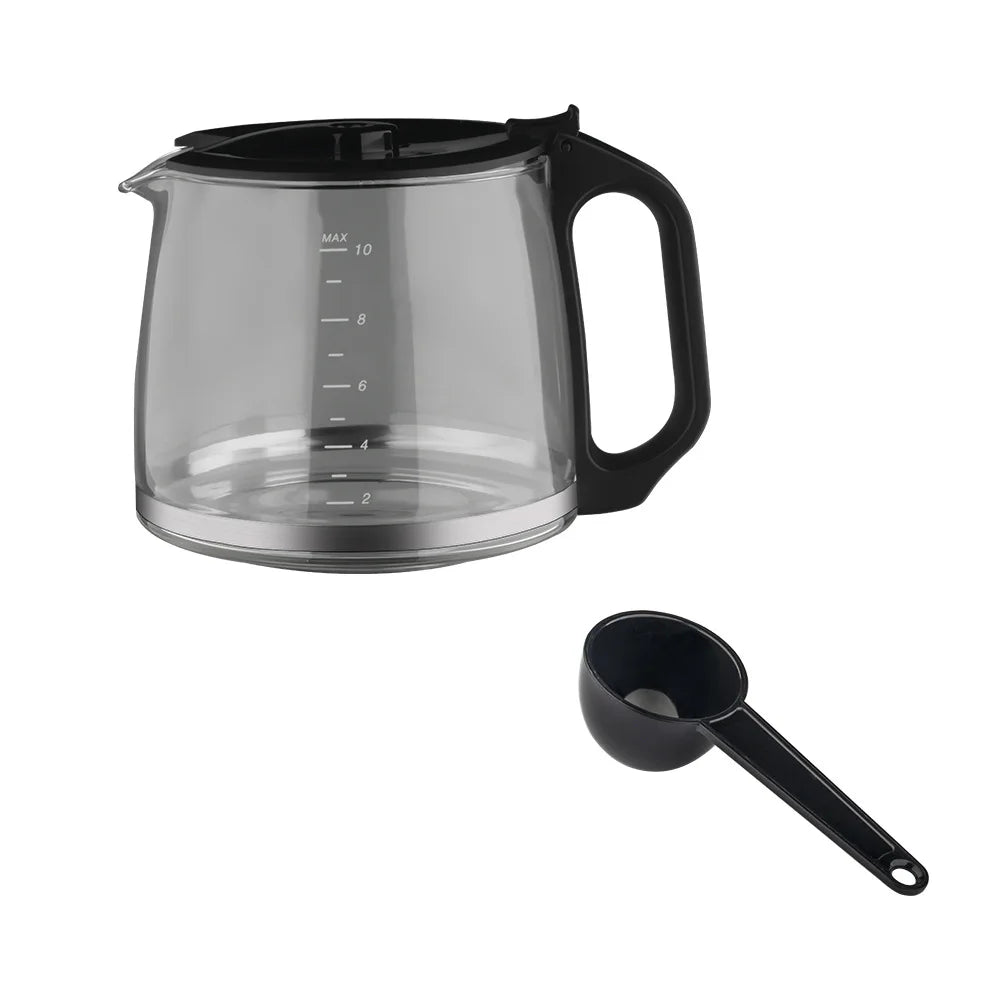 10-cup glass coffee carafe replacement with black handle, lid, and matching coffee measuring scoop.