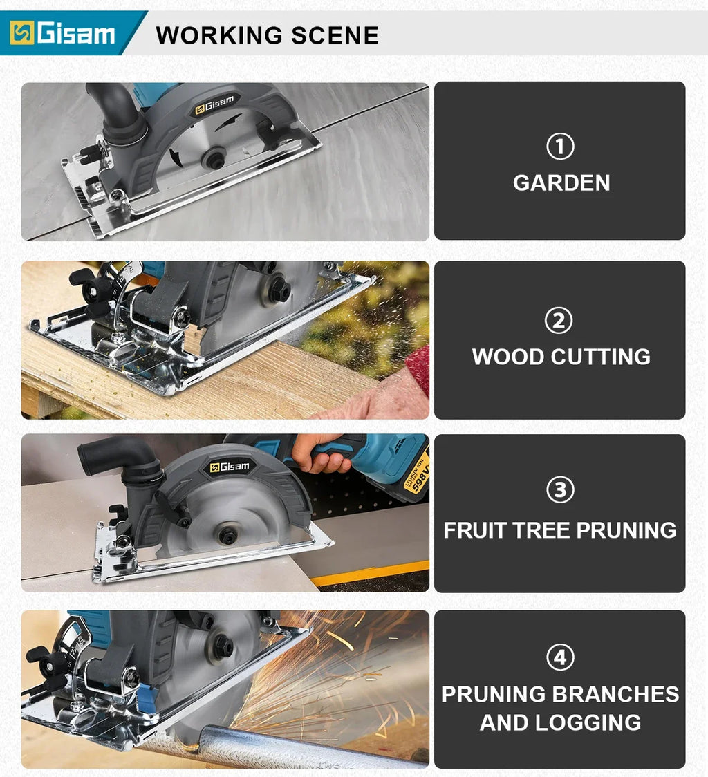 Gisam 165mm 10000RPM Brushless Electric Circular Saw Cordless Adjustbale Angle Woodworking Power Tool For Makita 18v Battey Pins