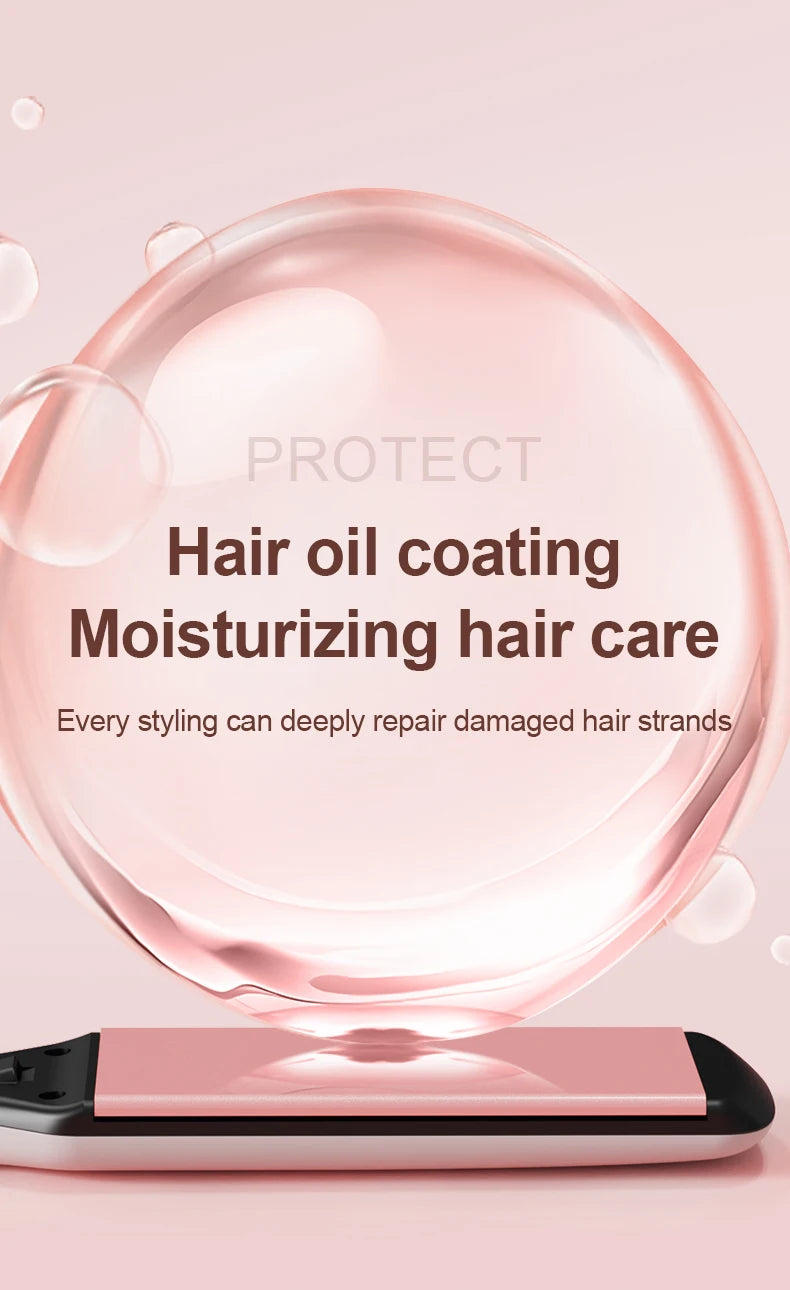 Pink hair straightener with wide plasma ion plate and moisturizing hair oil coating for salon-grade repair.