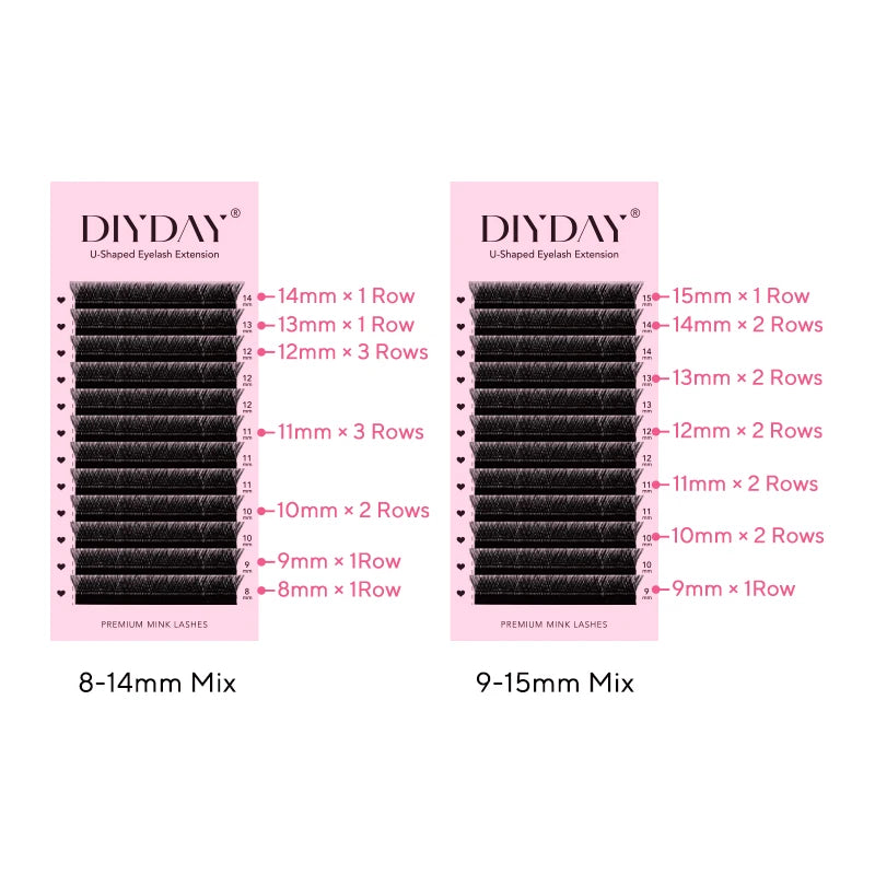 Two palettes of DIYDAY U-shaped YY black mink eyelash extensions, available in 8-14mm and 9-15mm mixed length sets.