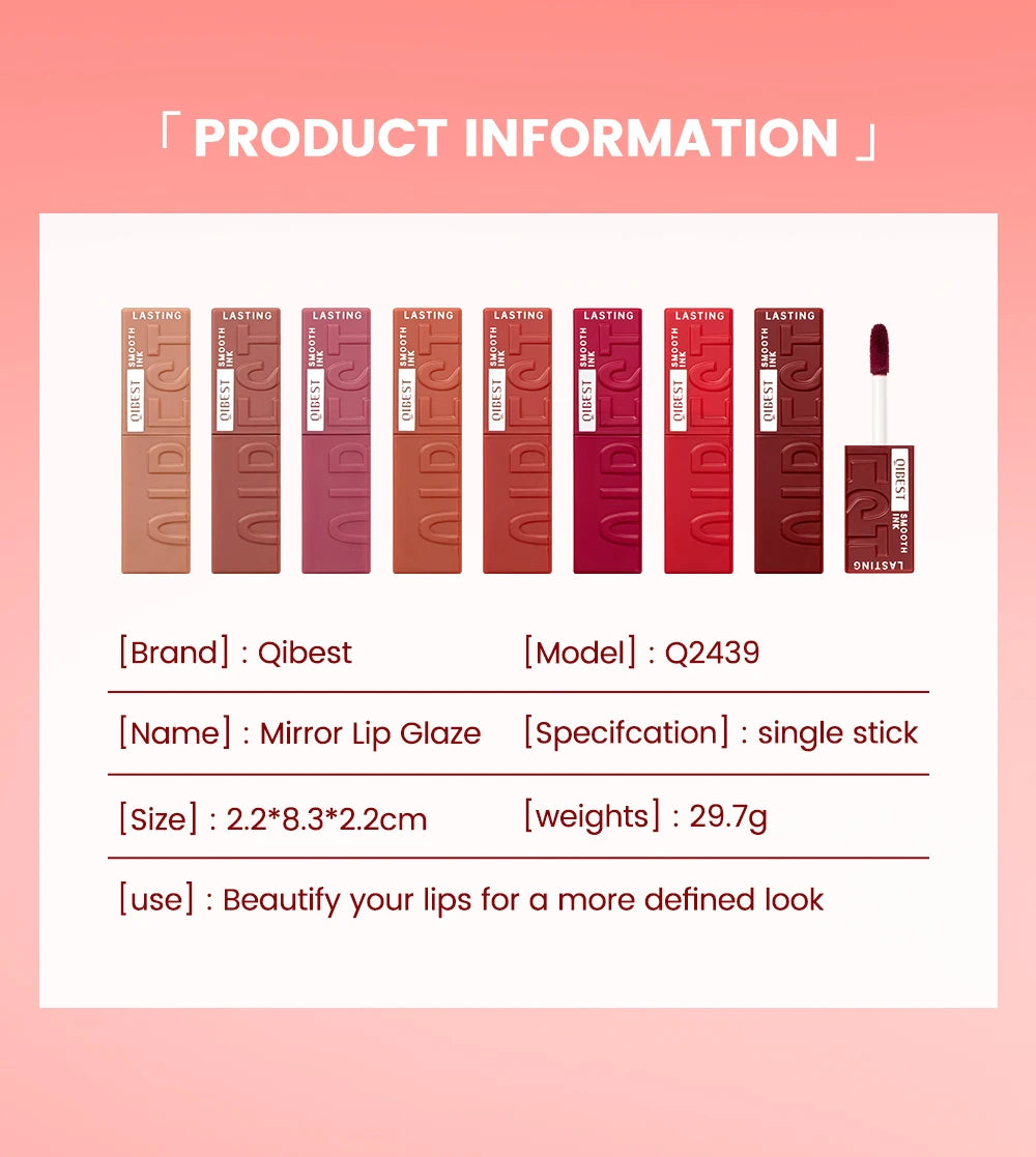 QIBEST 8-color watery mirror lip glaze set. Waterproof, long-lasting moisturizing liquid lipstick with glossy finish.