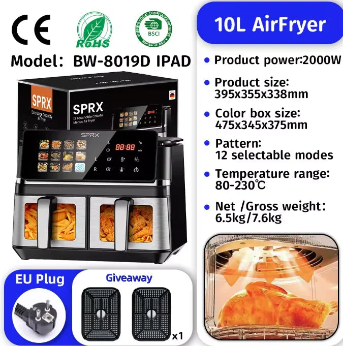 10L High-Quality Digital Air Fryer Smart Oven with Touch Screen Stainless Steel Multifunctional Oil-Free Food Preparation Applia